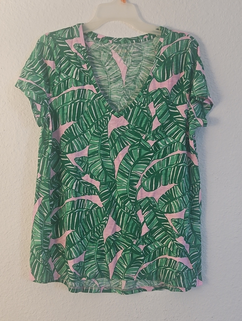 Lilly Pulitzer Pink V-Neck Top with Green Palm-Leaf Print